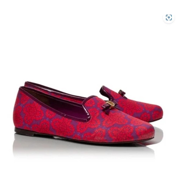 Tory Burch Floral Chandra Burgundy Red Loaders NEW Women's Size 5M - Picture 1 of 15